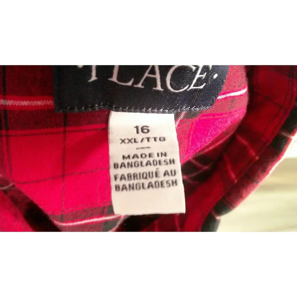 Children's Place Youth XXL 16 Red Black Long Sleeve Button-down Plaid Shirt